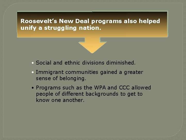 Roosevelt’s New Deal programs also helped unify a struggling nation. • Social and ethnic