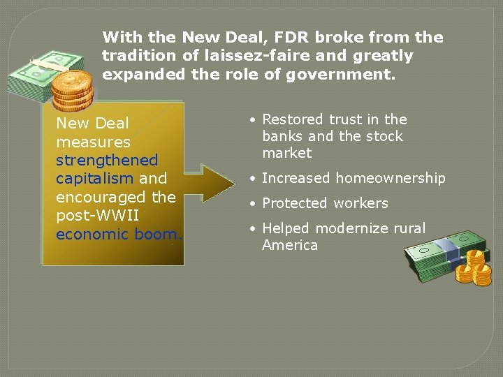 With the New Deal, FDR broke from the tradition of laissez-faire and greatly expanded With the New Deal, FDR broke from the tradition of laissez-faire and greatly expanded