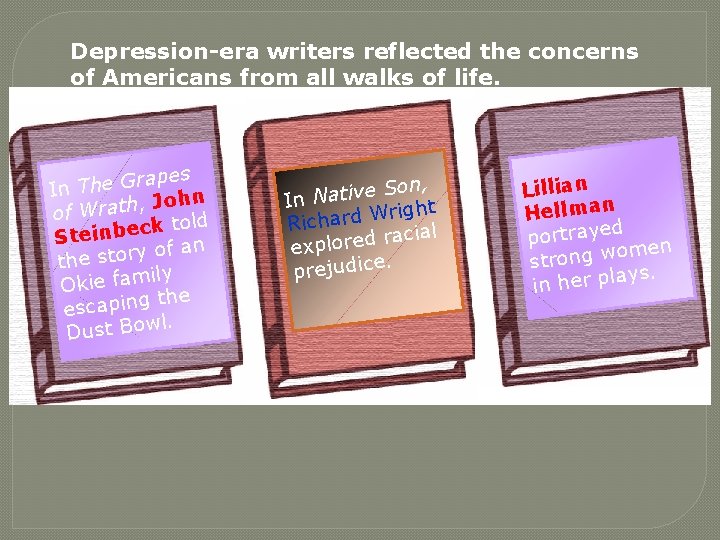 Depression-era writers reflected the concerns of Americans from all walks of life. apes r