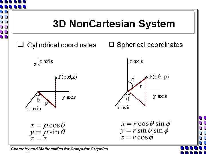 3 D Non. Cartesian System q Cylindrical coordinates q Spherical coordinates z axis z