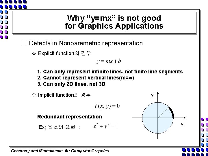 Why “y=mx” is not good for Graphics Applications o Defects in Nonparametric representation v