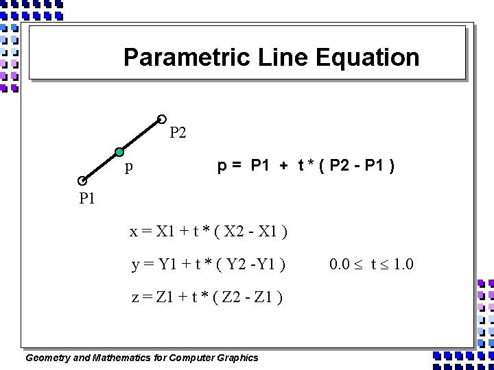 Parametric Line Equation P 2 p p = P 1 + t * (