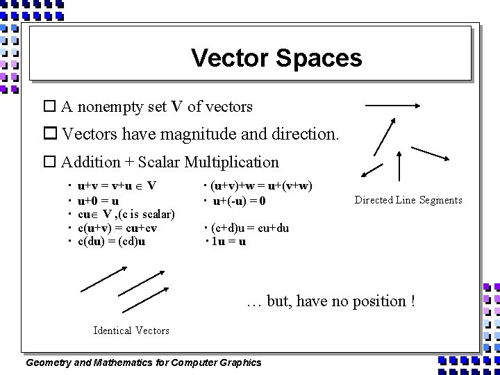 Vector Spaces o A nonempty set V of vectors o Vectors have magnitude and