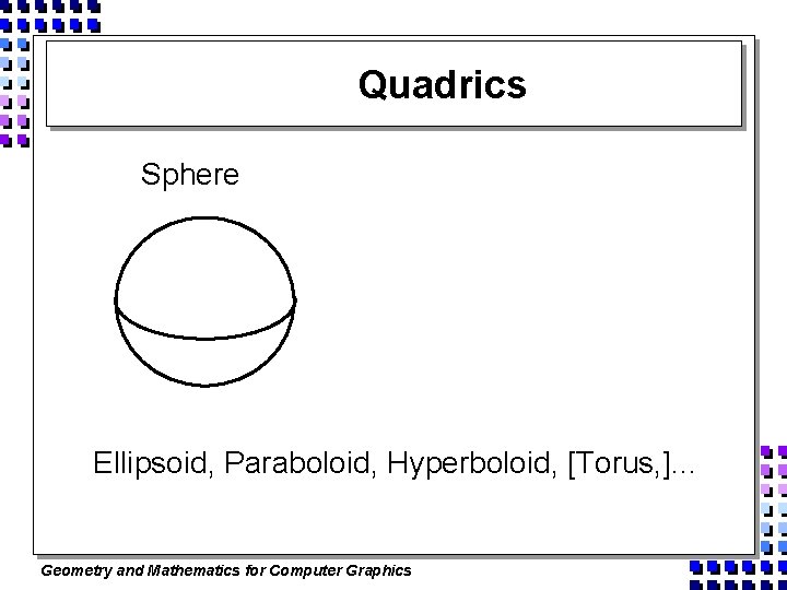 Quadrics Sphere Ellipsoid, Paraboloid, Hyperboloid, [Torus, ]. . . Geometry and Mathematics for Computer