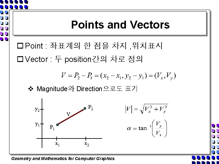 Points and Vectors o Point : 좌표계의 한 점을 차지 , 위치표시 o Vector