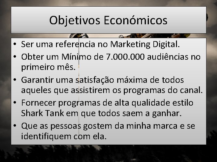 Objetivos Económicos • Ser uma referencia no Marketing Digital. • Obter um Mínimo de