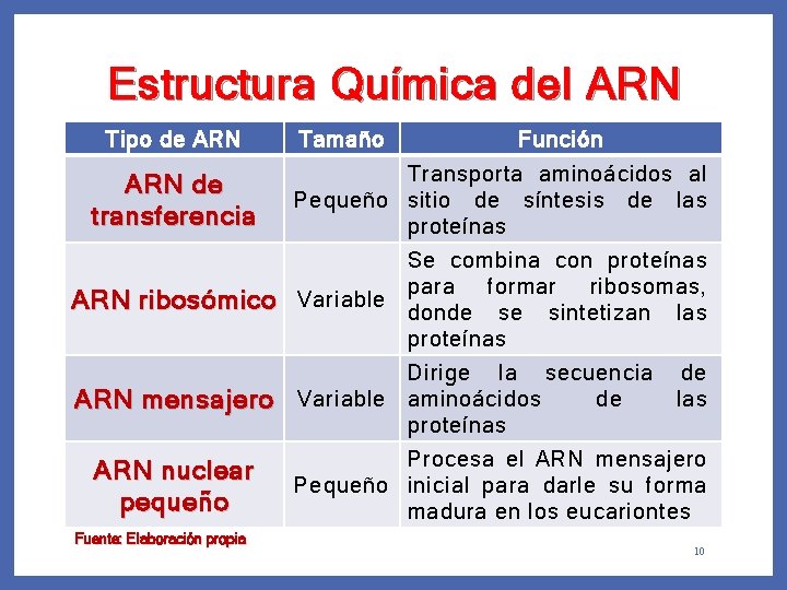 Estructura Química del ARN Tipo de ARN de transferencia Tamaño Función Transporta aminoácidos al