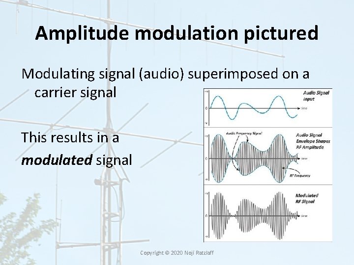 Amplitude modulation pictured Modulating signal (audio) superimposed on a carrier signal This results in