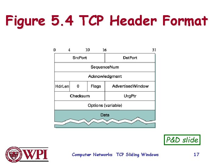 Figure 5. 4 TCP Header Format P&D slide Computer Networks TCP Sliding Windows 17