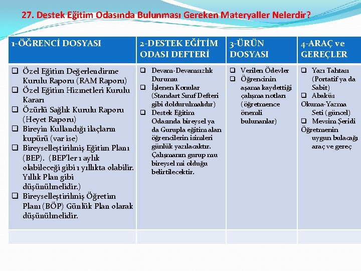 27. Destek Eğitim Odasında Bulunması Gereken Materyaller Nelerdir? 1 -ÖĞRENCİ DOSYASI 2 -DESTEK EĞİTİM