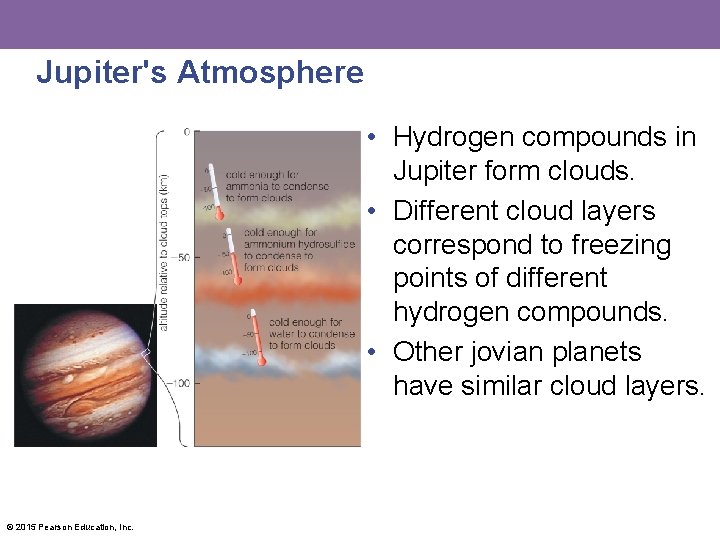 Jupiter's Atmosphere • Hydrogen compounds in Jupiter form clouds. • Different cloud layers correspond