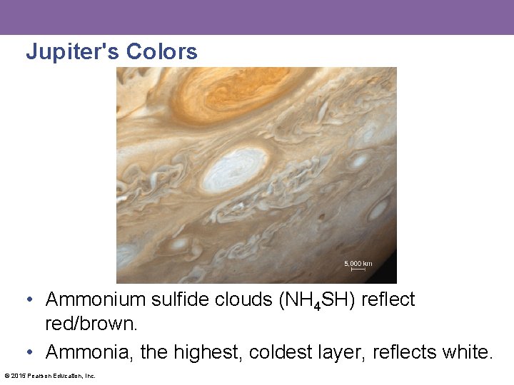 Jupiter's Colors • Ammonium sulfide clouds (NH 4 SH) reflect red/brown. • Ammonia, the