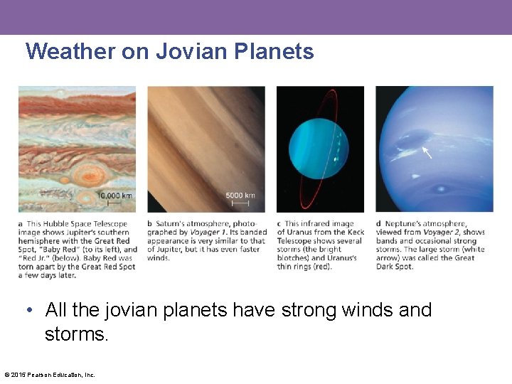 Weather on Jovian Planets • All the jovian planets have strong winds and storms.