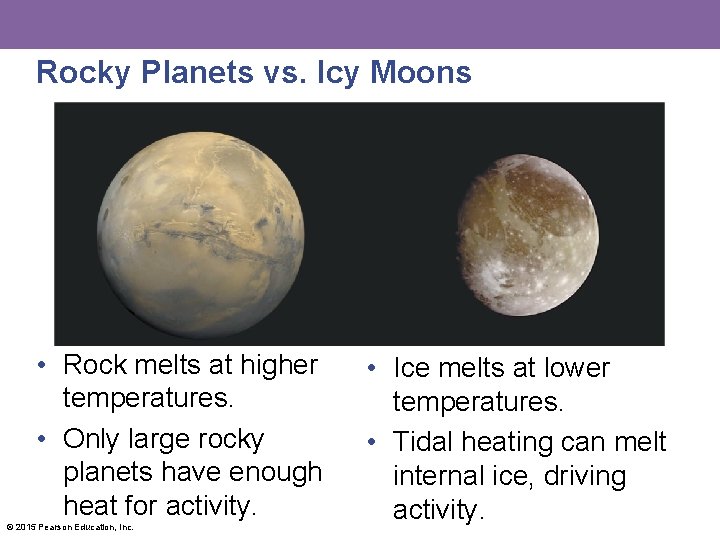Rocky Planets vs. Icy Moons • Rock melts at higher temperatures. • Only large