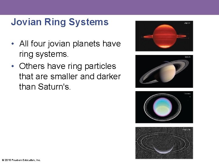 Jovian Ring Systems • All four jovian planets have ring systems. • Others have