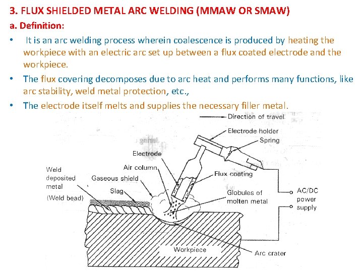 3. FLUX SHIELDED METAL ARC WELDING (MMAW OR SMAW) a. Definition: • It is