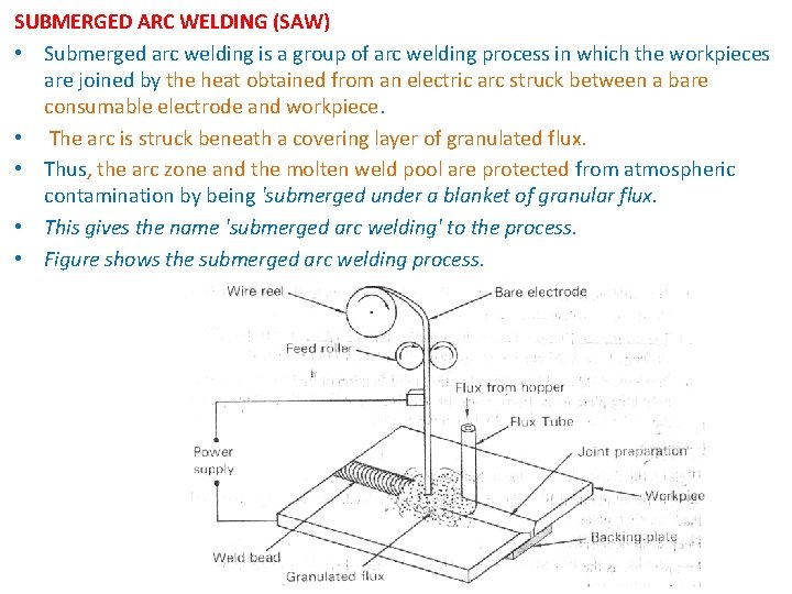 SUBMERGED ARC WELDING (SAW) • Submerged arc welding is a group of arc welding