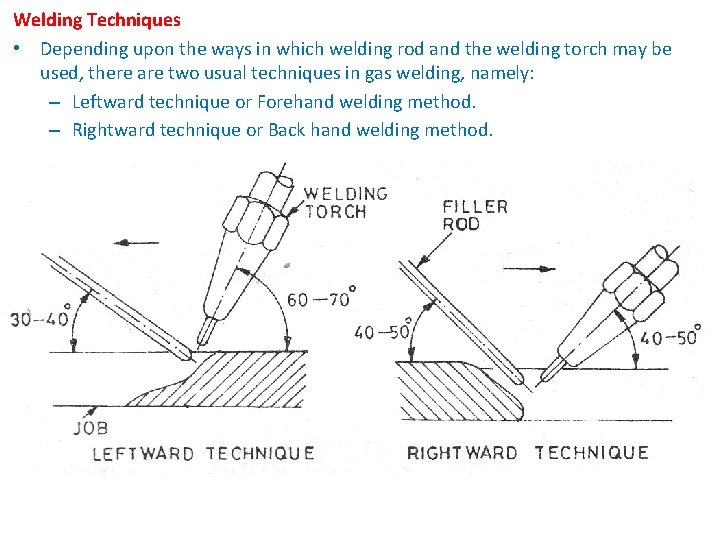 Welding Techniques • Depending upon the ways in which welding rod and the welding