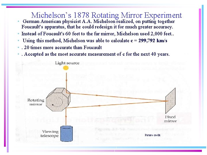 Michelson’s 1878 Rotating Mirror Experiment • German American physicist A. A. Michelson realized, on