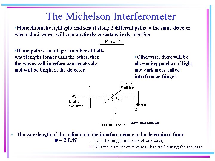 The Michelson Interferometer • Monochromatic light split and sent it along 2 different paths