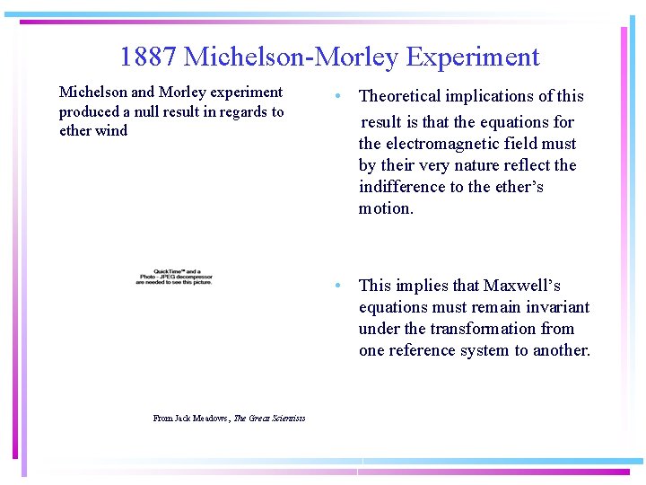 1887 Michelson-Morley Experiment Michelson and Morley experiment produced a null result in regards to