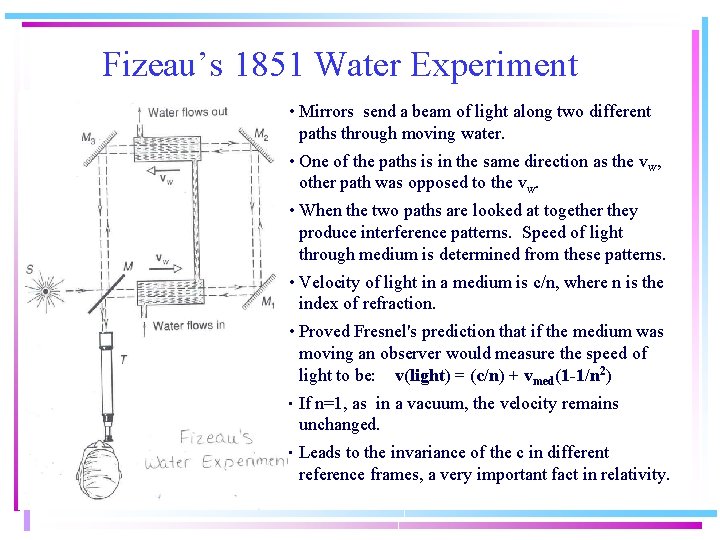 Fizeau’s 1851 Water Experiment • Mirrors send a beam of light along two different