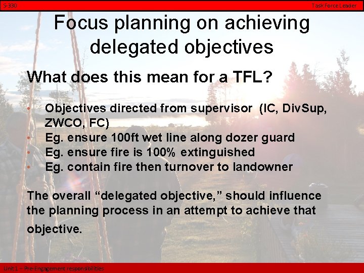 S-330 Task Force Leader Focus planning on achieving delegated objectives What does this mean