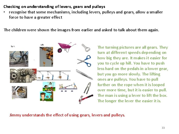 Checking on understanding of levers, gears and pulleys • recognise that some mechanisms, including