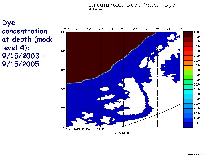 Dye concentration at depth (model level 4): 9/15/2003 – 9/15/2005 