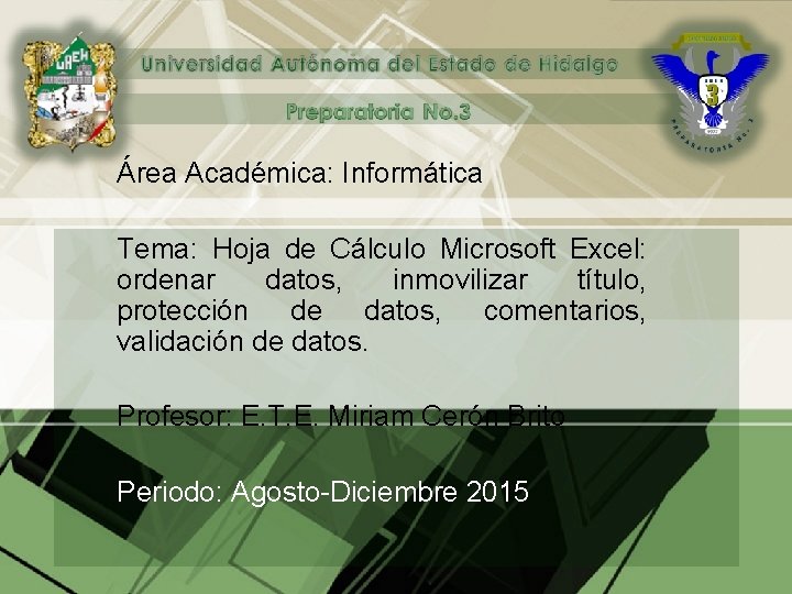 Área Académica: Informática Tema: Hoja de Cálculo Microsoft Excel: ordenar datos, inmovilizar título, protección