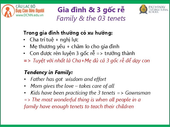 Gia đình & 3 gốc rễ Family & the 03 tenets Trong gia đình