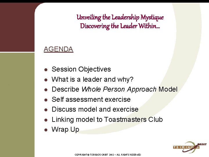 Unveiling the Leadership Mystique Discovering the Leader Within… AGENDA l l l l Session