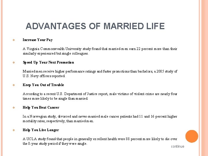 ADVANTAGES OF MARRIED LIFE v Increase Your Pay A Virginia Commonwealth University study found