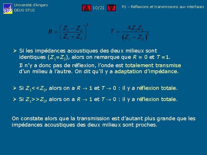 Université d’Angers DEUG STU 2 10/21 P 1 – Réflexions et transmissions aux interfaces