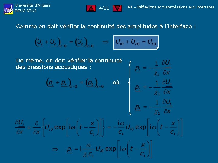 Université d’Angers DEUG STU 2 P 1 – Réflexions et transmissions aux interfaces 4/21