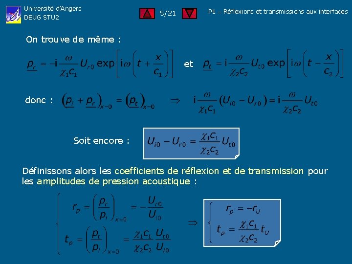 Université d’Angers DEUG STU 2 P 1 – Réflexions et transmissions aux interfaces 5/21