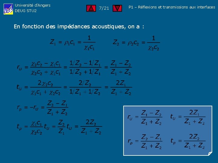 Université d’Angers DEUG STU 2 7/21 P 1 – Réflexions et transmissions aux interfaces