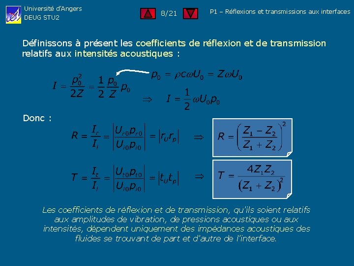Université d’Angers DEUG STU 2 8/21 P 1 – Réflexions et transmissions aux interfaces