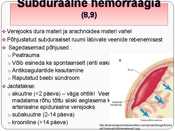 Subduraalne hemorraagia (8, 9) v Verejooks dura materi ja arachnoidea materi vahel v Põhjustatud