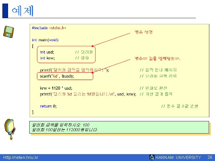 예제 달러화 금액을 입력하시오: 100 달러화 100달러는 112000원입니다. Http: //netwk. hnu. kr HANNAM UNIVERSITY 예제 달러화 금액을 입력하시오: 100 달러화 100달러는 112000원입니다. Http: //netwk. hnu. kr HANNAM UNIVERSITY