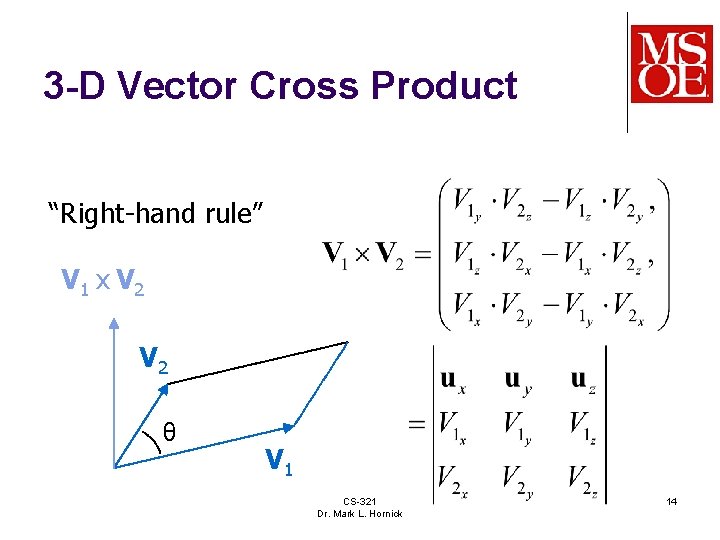 3 -D Vector Cross Product “Right-hand rule” V 1 x V 2 θ V 3 -D Vector Cross Product “Right-hand rule” V 1 x V 2 θ V