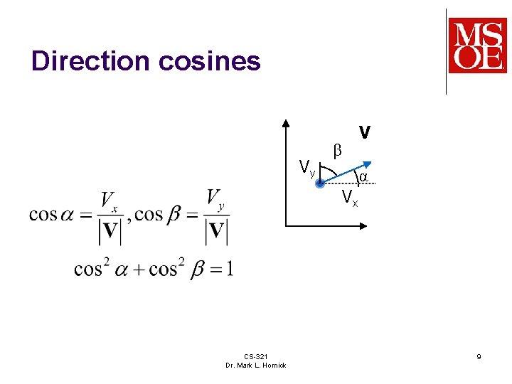 Direction cosines Vy β V α Vx CS-321 Dr. Mark L. Hornick 9 Direction cosines Vy β V α Vx CS-321 Dr. Mark L. Hornick 9