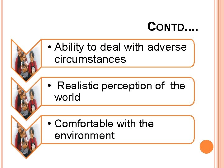 CONTD. . • Ability to deal with adverse circumstances • Realistic perception of the