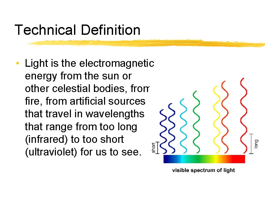 Technical Definition • Light is the electromagnetic energy from the sun or other celestial