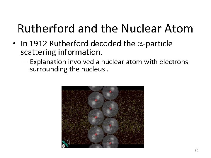 Rutherford and the Nuclear Atom • In 1912 Rutherford decoded the -particle scattering information. Rutherford and the Nuclear Atom • In 1912 Rutherford decoded the -particle scattering information.
