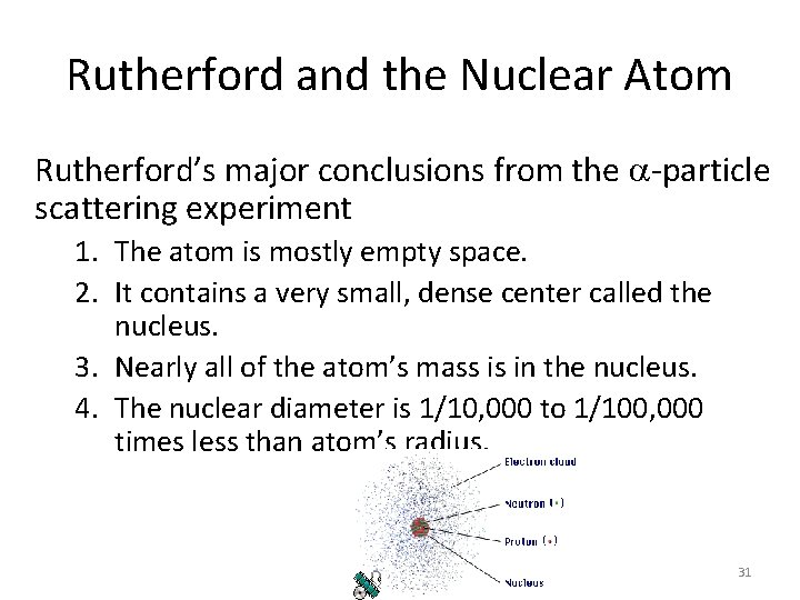 Rutherford and the Nuclear Atom Rutherford’s major conclusions from the -particle scattering experiment 1. Rutherford and the Nuclear Atom Rutherford’s major conclusions from the -particle scattering experiment 1.