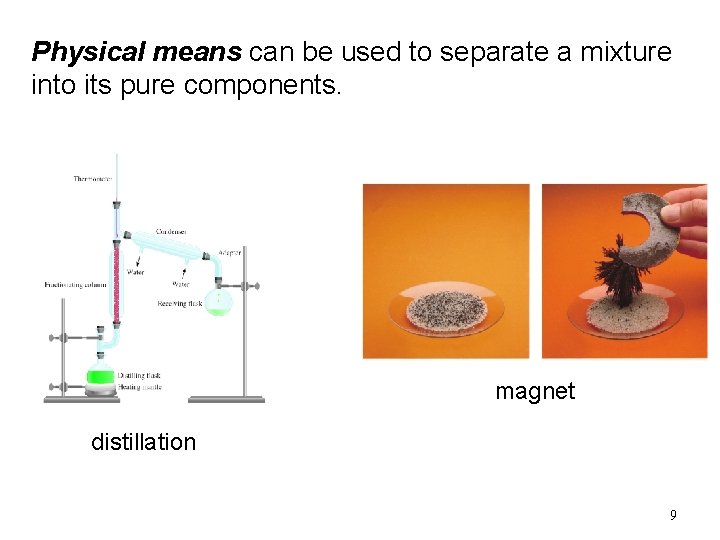 Physical means can be used to separate a mixture into its pure components. magnet Physical means can be used to separate a mixture into its pure components. magnet