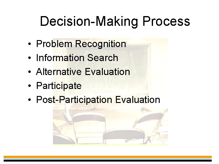 Decision-Making Process • • • Problem Recognition Information Search Alternative Evaluation Participate Post-Participation Evaluation