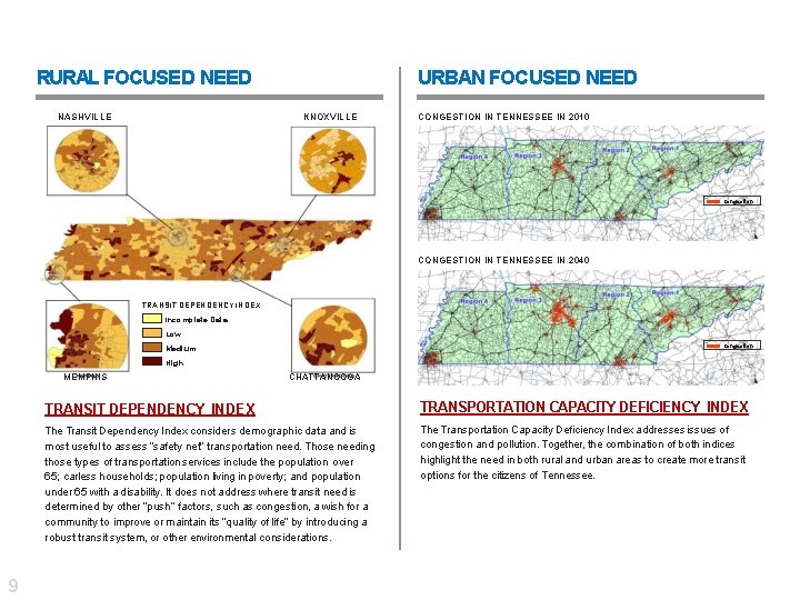 RURAL FOCUSED NEED NASHVILLE URBAN FOCUSED NEED KNOXVILLE CONGESTION IN TENNESSEE IN 2010 Congestion