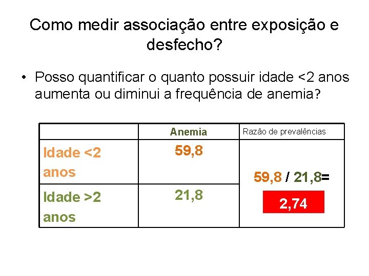 Como medir associação entre exposição e desfecho? • Posso quantificar o quanto possuir idade